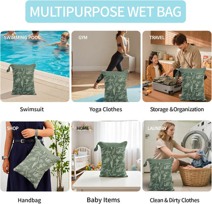 2pcs Wet Bags Waterproof Reusable Wet Dry Bag with Two Zippered Pockets Travel Beach Pool Daycare Yoga Gym Bag for Baby Cloth Diaper,Swimsuits,Wet Clothes (Turtles & Seagrass)