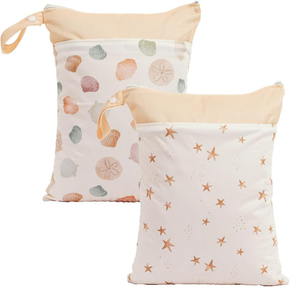 2pcs Wet Bags Waterproof Reusable Wet Dry Bag with Two Zippered Pockets Travel Beach Pool Daycare Yoga Gym Bag for Baby Cloth Diaper,Swimsuits,Wet Clothes (Turtles & Seagrass)