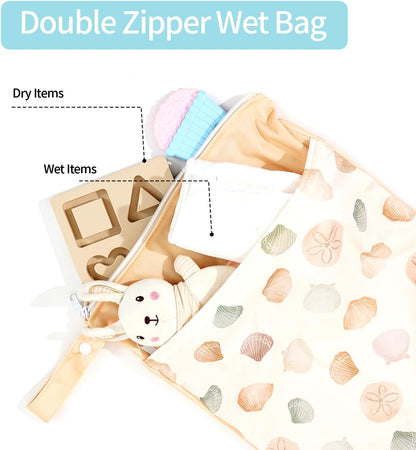 2pcs Wet Bags Waterproof Reusable Wet Dry Bag with Two Zippered Pockets Travel Beach Pool Daycare Yoga Gym Bag for Baby Cloth Diaper,Swimsuits,Wet Clothes (Turtles & Seagrass)