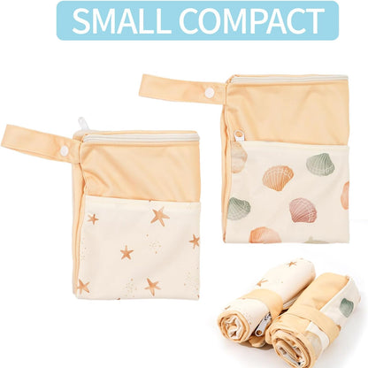 2pcs Wet Bags Waterproof Reusable Wet Dry Bag with Two Zippered Pockets Travel Beach Pool Daycare Yoga Gym Bag for Baby Cloth Diaper,Swimsuits,Wet Clothes (Turtles & Seagrass)