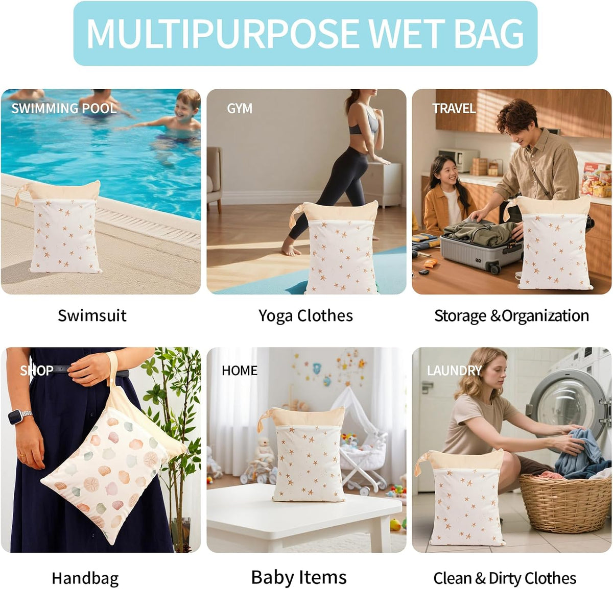 2pcs Wet Bags Waterproof Reusable Wet Dry Bag with Two Zippered Pockets Travel Beach Pool Daycare Yoga Gym Bag for Baby Cloth Diaper,Swimsuits,Wet Clothes (Turtles & Seagrass)