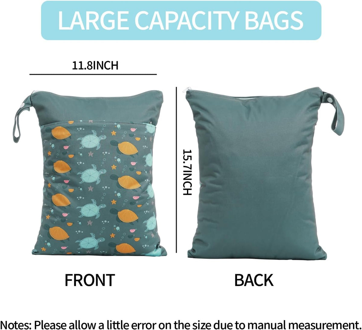 2pcs Wet Bags Waterproof Reusable Wet Dry Bag with Two Zippered Pockets Travel Beach Pool Daycare Yoga Gym Bag for Baby Cloth Diaper,Swimsuits,Wet Clothes (Turtles & Seagrass)
