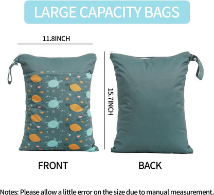 2pcs Wet Bags Waterproof Reusable Wet Dry Bag with Two Zippered Pockets Travel Beach Pool Daycare Yoga Gym Bag for Baby Cloth Diaper,Swimsuits,Wet Clothes (Turtles & Seagrass)