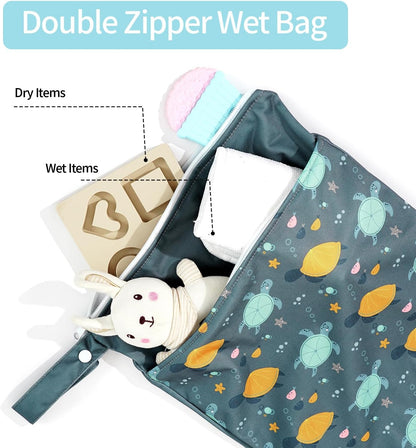 2pcs Wet Bags Waterproof Reusable Wet Dry Bag with Two Zippered Pockets Travel Beach Pool Daycare Yoga Gym Bag for Baby Cloth Diaper,Swimsuits,Wet Clothes (Turtles & Seagrass)