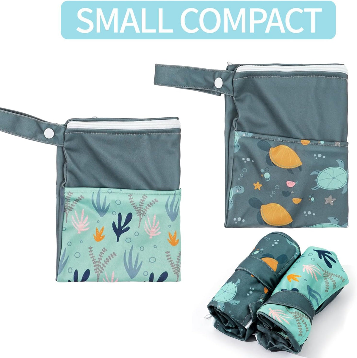 2pcs Wet Bags Waterproof Reusable Wet Dry Bag with Two Zippered Pockets Travel Beach Pool Daycare Yoga Gym Bag for Baby Cloth Diaper,Swimsuits,Wet Clothes (Turtles & Seagrass)