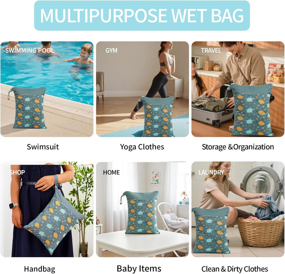 2pcs Wet Bags Waterproof Reusable Wet Dry Bag with Two Zippered Pockets Travel Beach Pool Daycare Yoga Gym Bag for Baby Cloth Diaper,Swimsuits,Wet Clothes (Turtles & Seagrass)