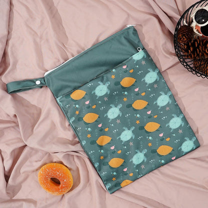 2pcs Wet Bags Waterproof Reusable Wet Dry Bag with Two Zippered Pockets Travel Beach Pool Daycare Yoga Gym Bag for Baby Cloth Diaper,Swimsuits,Wet Clothes (Turtles & Seagrass)