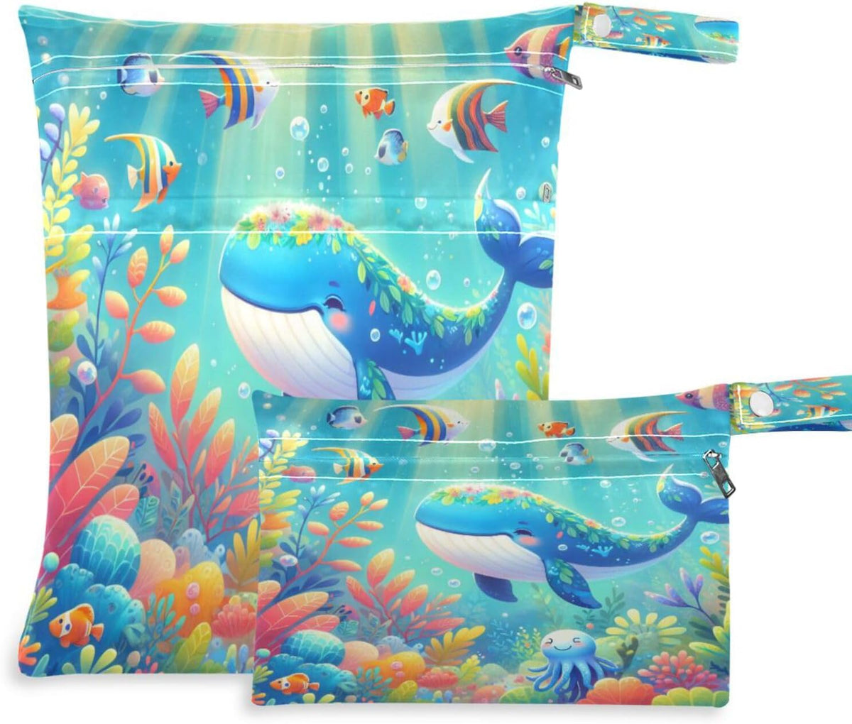 Cute Cartoon Whale Wet Dry Bags, Reusable Waterproof Wet Bags, 2Pcs Travel Beach Pool Bag with Zippered Pockets for Swimsuit, Cloth Diaper, Toiletries & Makeup