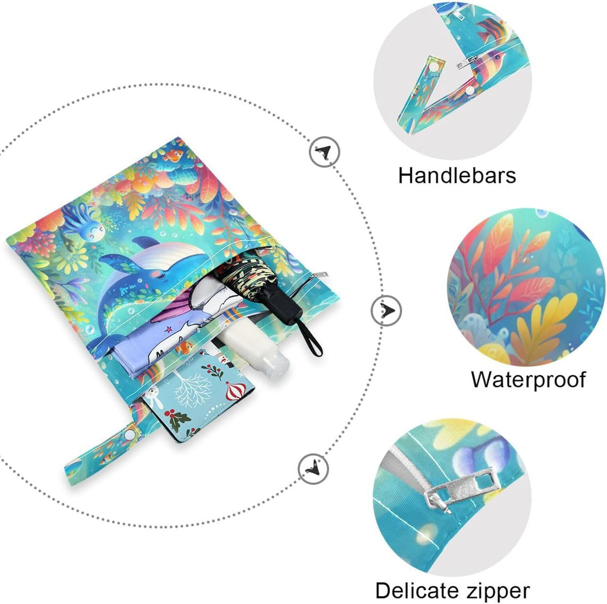 Cute Cartoon Whale Wet Dry Bags, Reusable Waterproof Wet Bags, 2Pcs Travel Beach Pool Bag with Zippered Pockets for Swimsuit, Cloth Diaper, Toiletries & Makeup