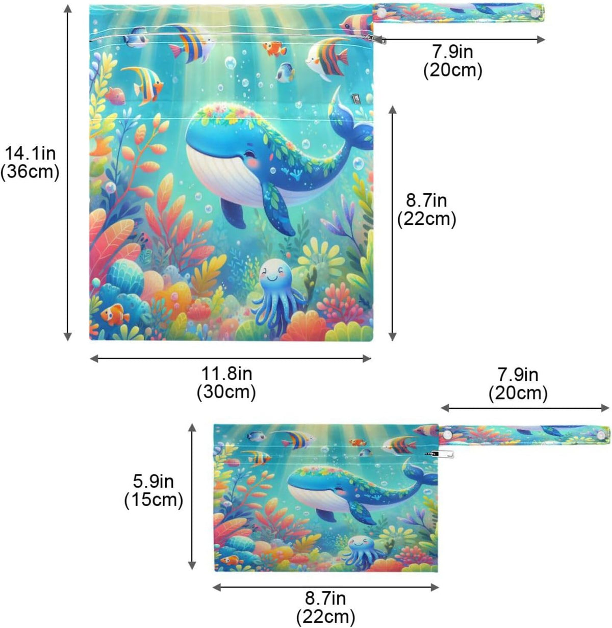 Cute Cartoon Whale Wet Dry Bags, Reusable Waterproof Wet Bags, 2Pcs Travel Beach Pool Bag with Zippered Pockets for Swimsuit, Cloth Diaper, Toiletries & Makeup