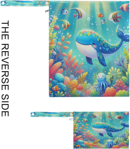 Cute Cartoon Whale Wet Dry Bags, Reusable Waterproof Wet Bags, 2Pcs Travel Beach Pool Bag with Zippered Pockets for Swimsuit, Cloth Diaper, Toiletries & Makeup
