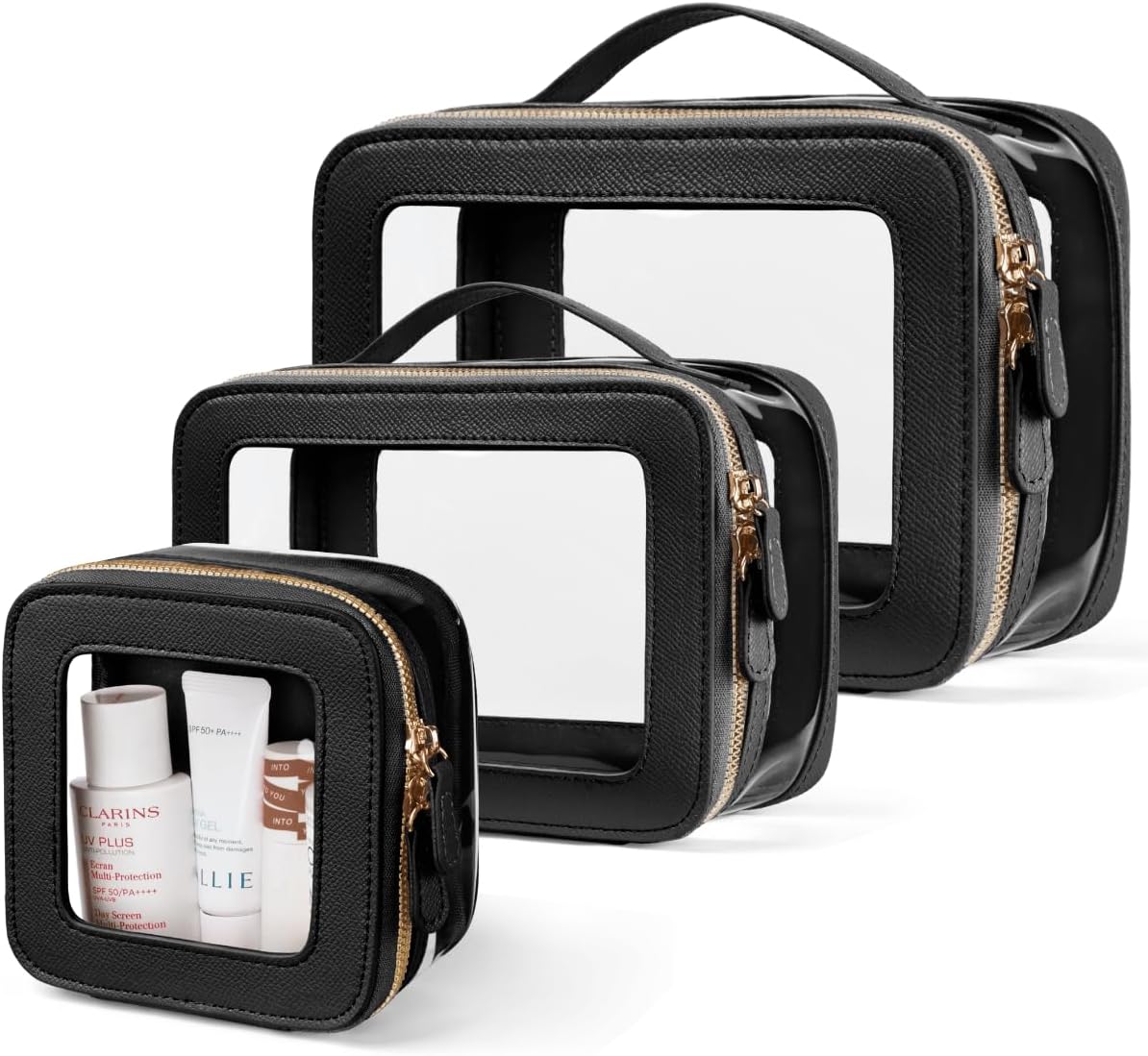 Clear Cosmetic Bag Set for Women Makeup Bag with Handle, 3 Pcs Travel Toiletry Bag Transparent Cosmetic Case Portable Make Up Organizer Bag for Essentials (Stone, Mini+S+L)