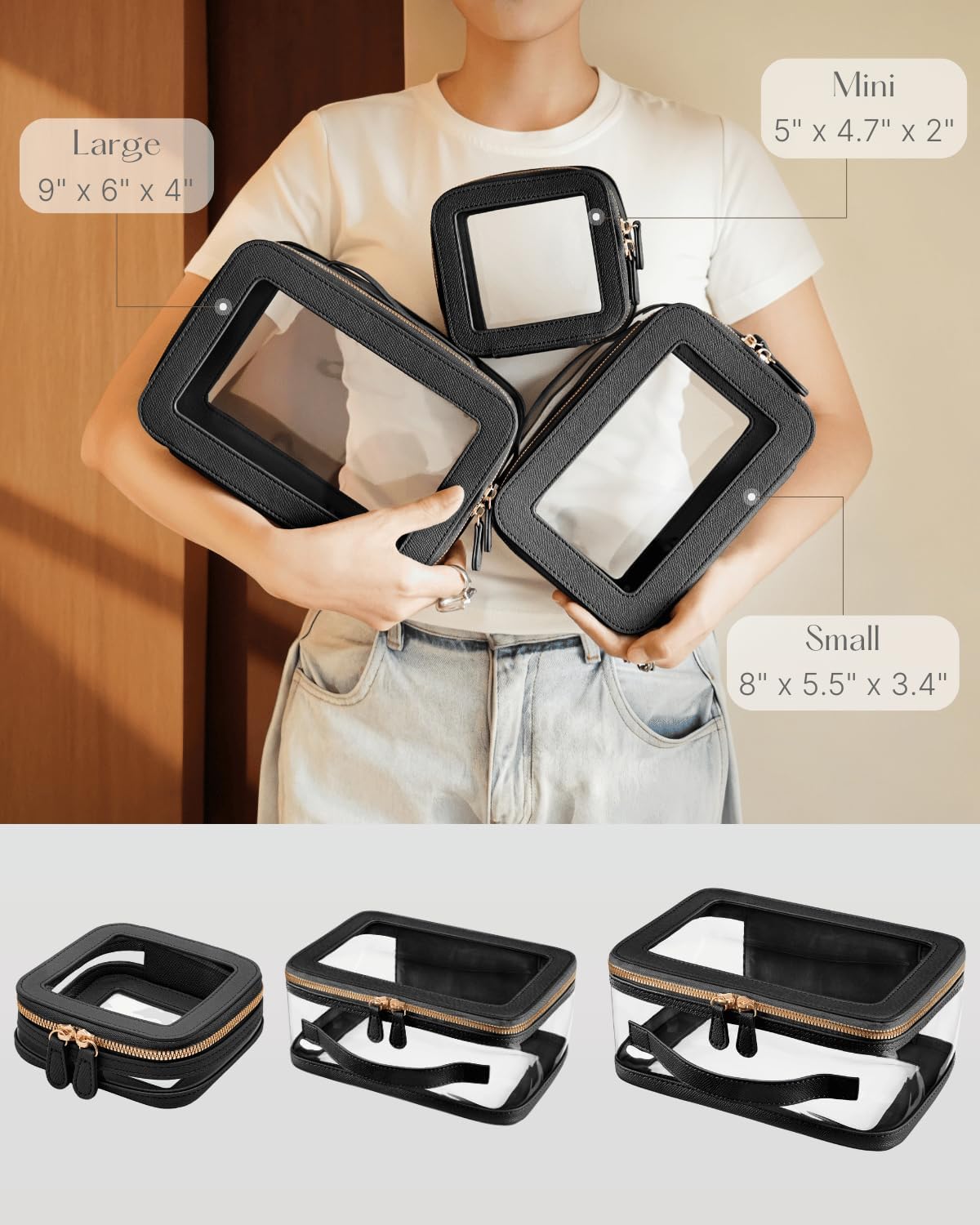 Clear Cosmetic Bag Set for Women Makeup Bag with Handle, 3 Pcs Travel Toiletry Bag Transparent Cosmetic Case Portable Make Up Organizer Bag for Essentials (Stone, Mini+S+L)