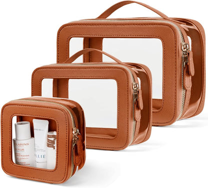 Clear Cosmetic Bag Set for Women Makeup Bag with Handle, 3 Pcs Travel Toiletry Bag Transparent Cosmetic Case Portable Make Up Organizer Bag for Essentials (Stone, Mini+S+L)