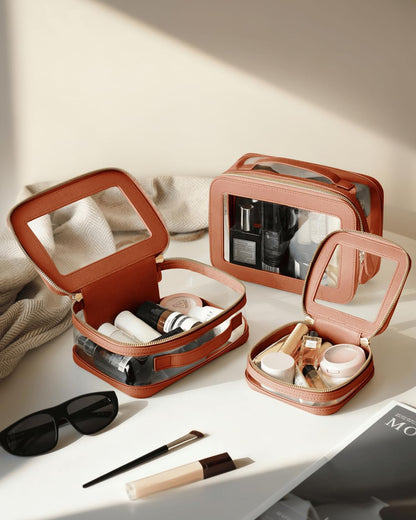Clear Cosmetic Bag Set for Women Makeup Bag with Handle, 3 Pcs Travel Toiletry Bag Transparent Cosmetic Case Portable Make Up Organizer Bag for Essentials (Stone, Mini+S+L)