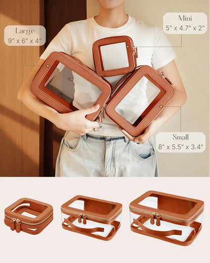 Clear Cosmetic Bag Set for Women Makeup Bag with Handle, 3 Pcs Travel Toiletry Bag Transparent Cosmetic Case Portable Make Up Organizer Bag for Essentials (Stone, Mini+S+L)