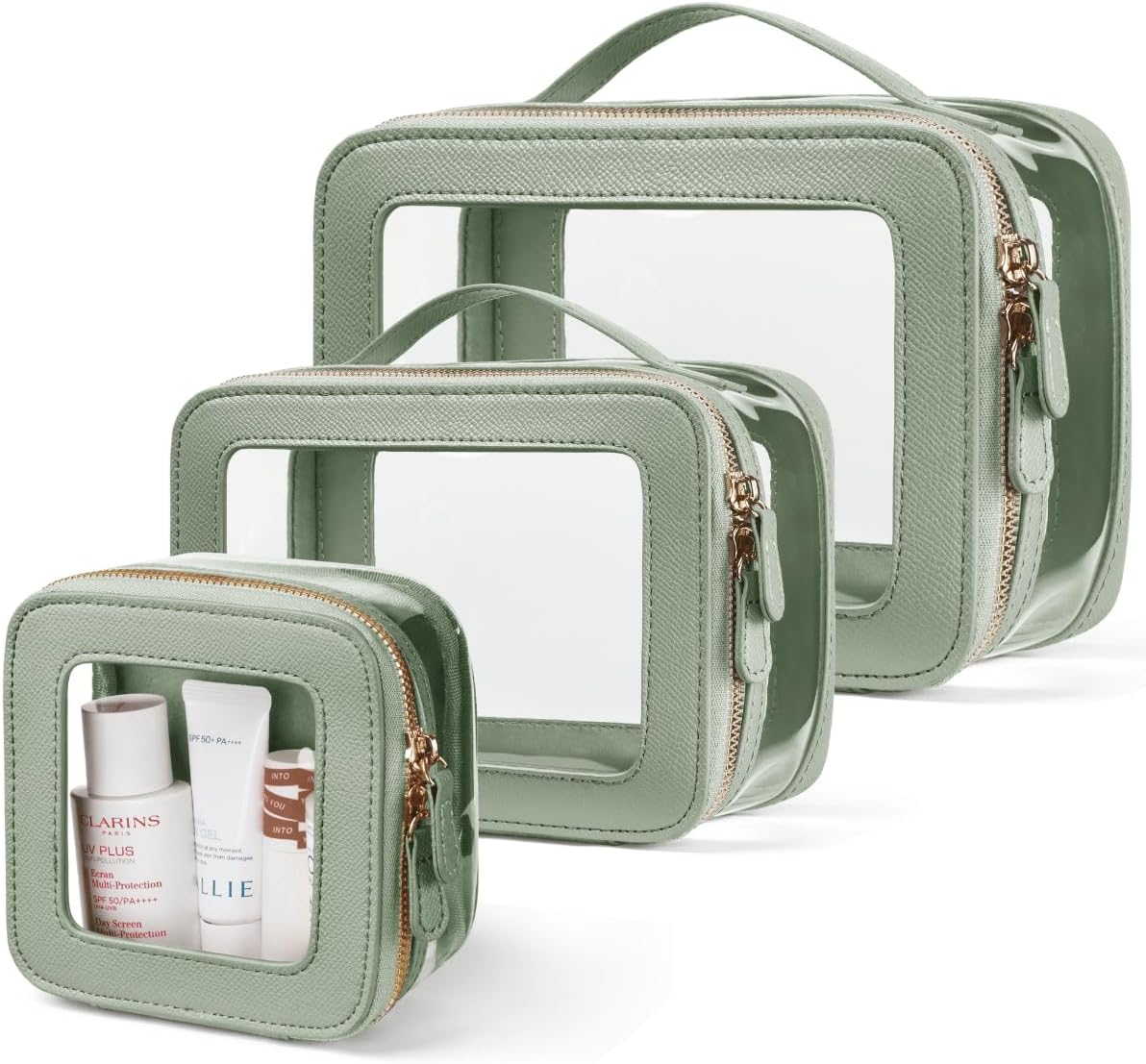 Clear Cosmetic Bag Set for Women Makeup Bag with Handle, 3 Pcs Travel Toiletry Bag Transparent Cosmetic Case Portable Make Up Organizer Bag for Essentials (Stone, Mini+S+L)