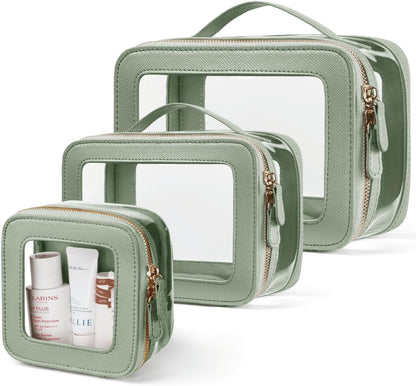 Clear Cosmetic Bag Set for Women Makeup Bag with Handle, 3 Pcs Travel Toiletry Bag Transparent Cosmetic Case Portable Make Up Organizer Bag for Essentials (Stone, Mini+S+L)