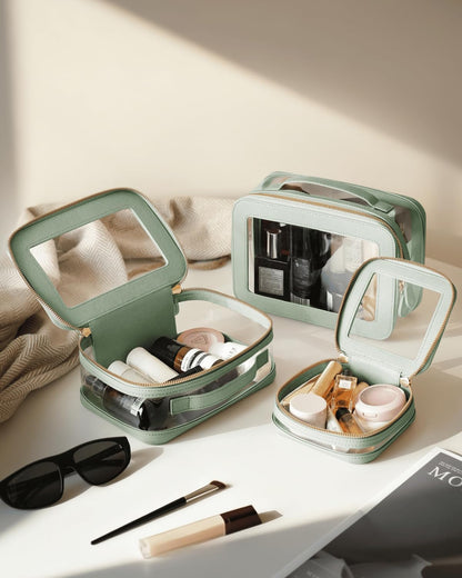 Clear Cosmetic Bag Set for Women Makeup Bag with Handle, 3 Pcs Travel Toiletry Bag Transparent Cosmetic Case Portable Make Up Organizer Bag for Essentials (Stone, Mini+S+L)