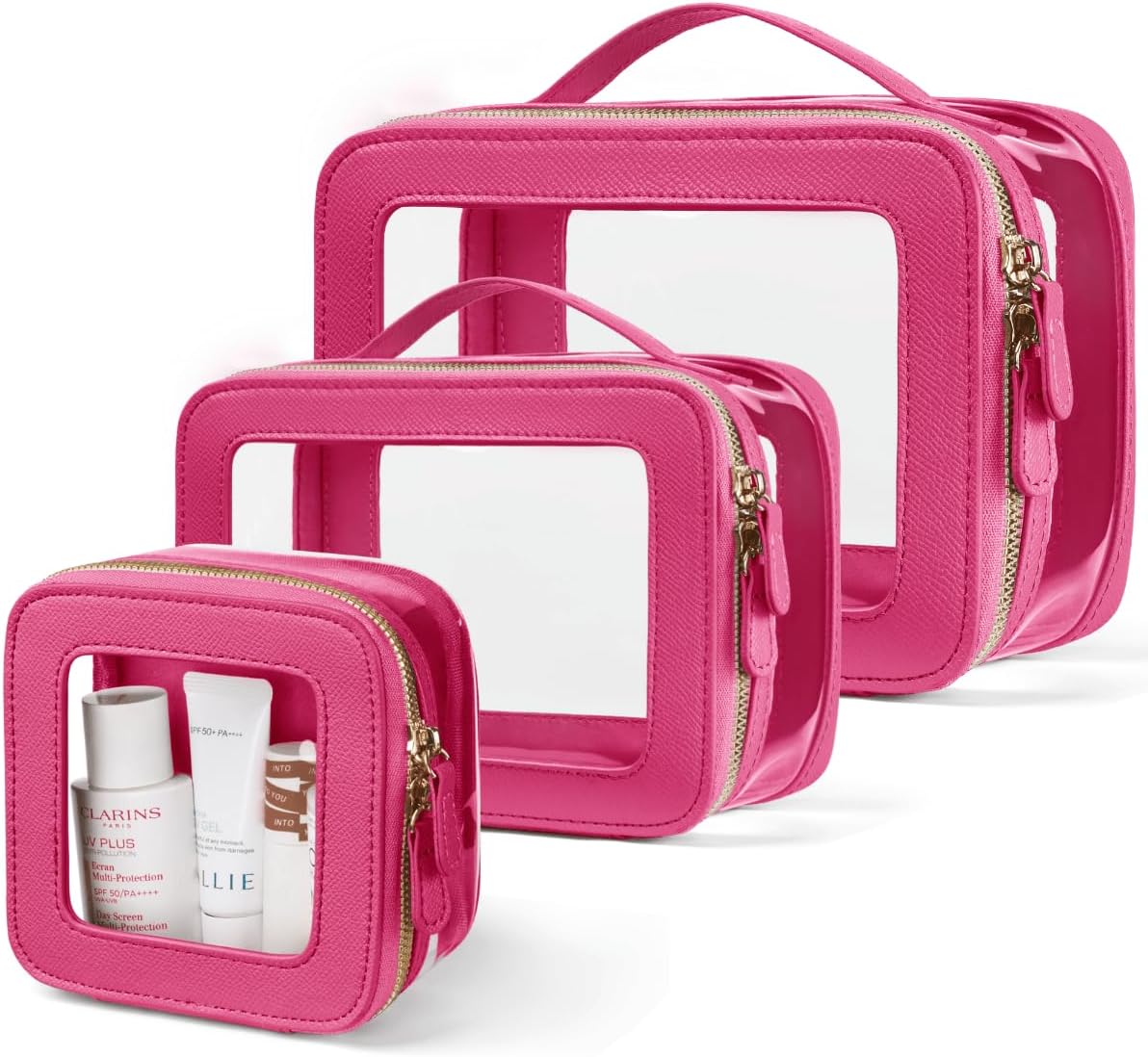 Clear Cosmetic Bag Set for Women Makeup Bag with Handle, 3 Pcs Travel Toiletry Bag Transparent Cosmetic Case Portable Make Up Organizer Bag for Essentials (Stone, Mini+S+L)