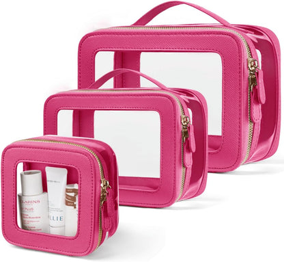 Clear Cosmetic Bag Set for Women Makeup Bag with Handle, 3 Pcs Travel Toiletry Bag Transparent Cosmetic Case Portable Make Up Organizer Bag for Essentials (Stone, Mini+S+L)