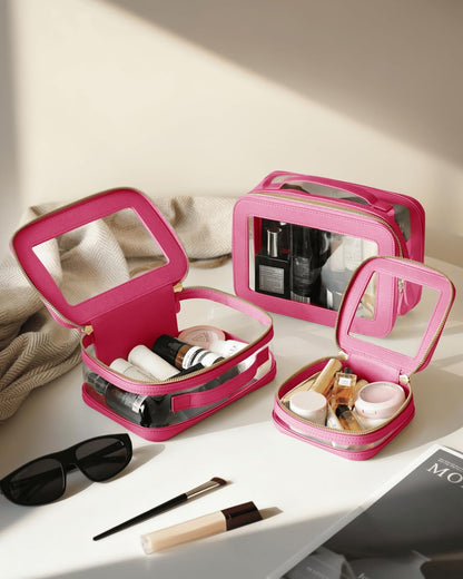 Clear Cosmetic Bag Set for Women Makeup Bag with Handle, 3 Pcs Travel Toiletry Bag Transparent Cosmetic Case Portable Make Up Organizer Bag for Essentials (Stone, Mini+S+L)