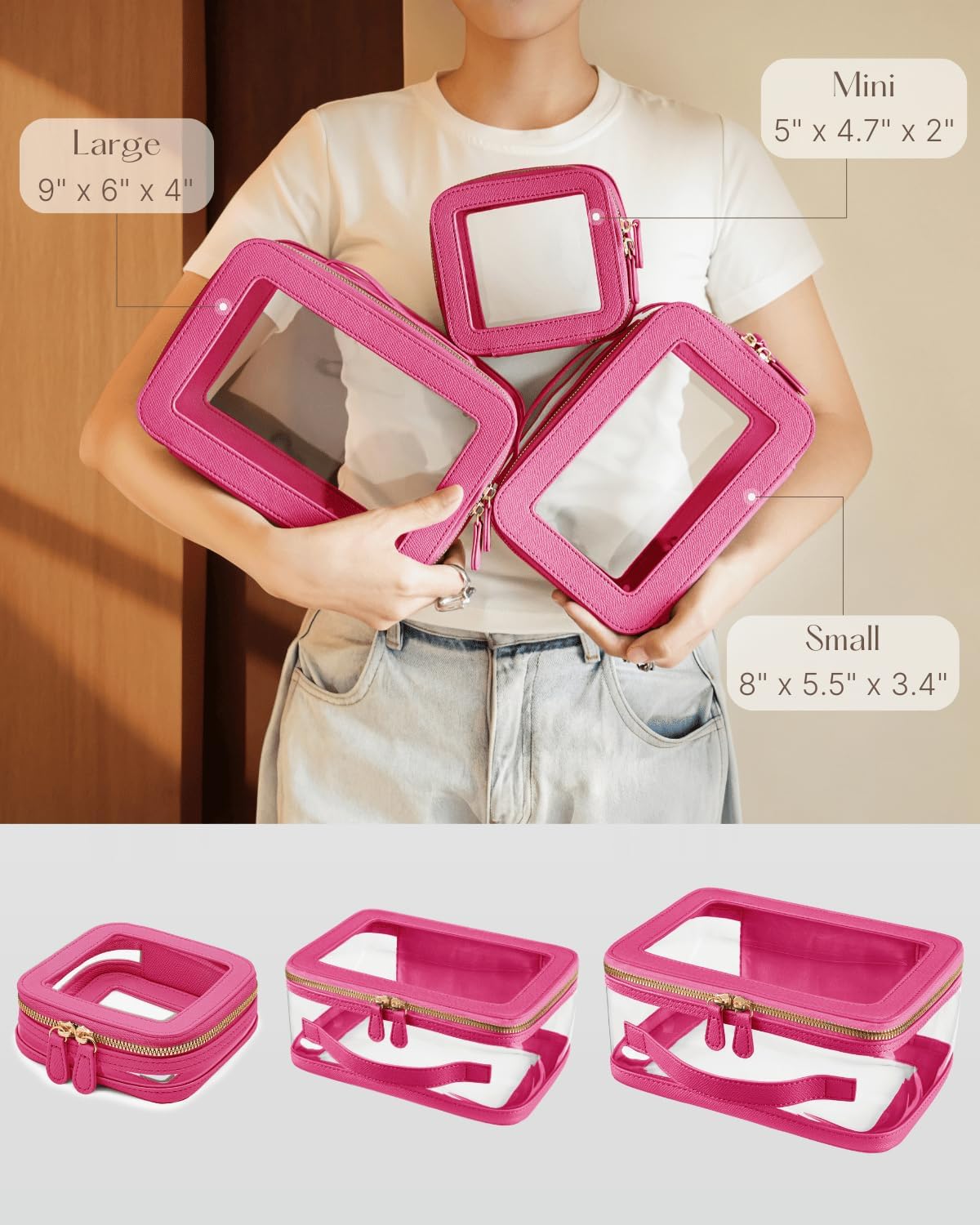 Clear Cosmetic Bag Set for Women Makeup Bag with Handle, 3 Pcs Travel Toiletry Bag Transparent Cosmetic Case Portable Make Up Organizer Bag for Essentials (Stone, Mini+S+L)