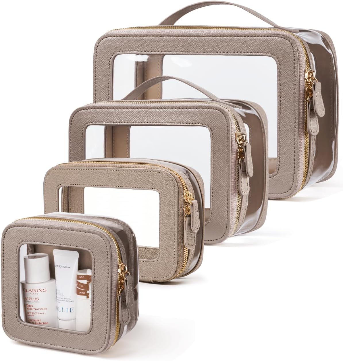 Clear Cosmetic Bag Set for Women Makeup Bag with Handle, 3 Pcs Travel Toiletry Bag Transparent Cosmetic Case Portable Make Up Organizer Bag for Essentials (Stone, Mini+S+L)