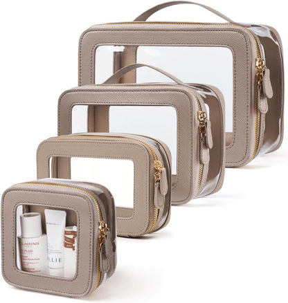 Clear Cosmetic Bag Set for Women Makeup Bag with Handle, 3 Pcs Travel Toiletry Bag Transparent Cosmetic Case Portable Make Up Organizer Bag for Essentials (Stone, Mini+S+L)