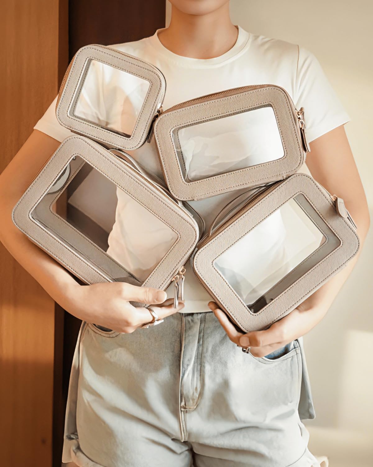 Clear Cosmetic Bag Set for Women Makeup Bag with Handle, 3 Pcs Travel Toiletry Bag Transparent Cosmetic Case Portable Make Up Organizer Bag for Essentials (Stone, Mini+S+L)