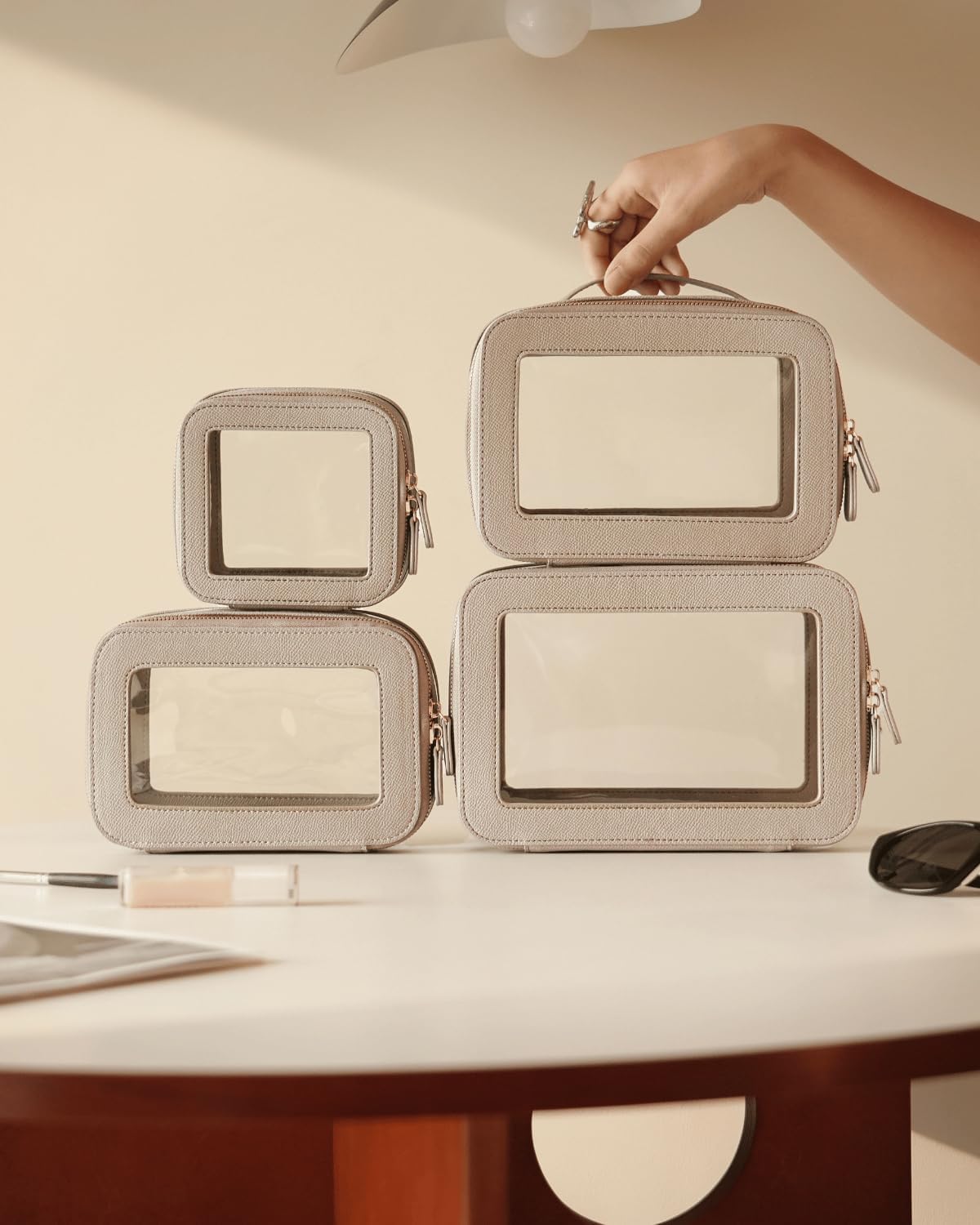 Clear Cosmetic Bag Set for Women Makeup Bag with Handle, 3 Pcs Travel Toiletry Bag Transparent Cosmetic Case Portable Make Up Organizer Bag for Essentials (Stone, Mini+S+L)