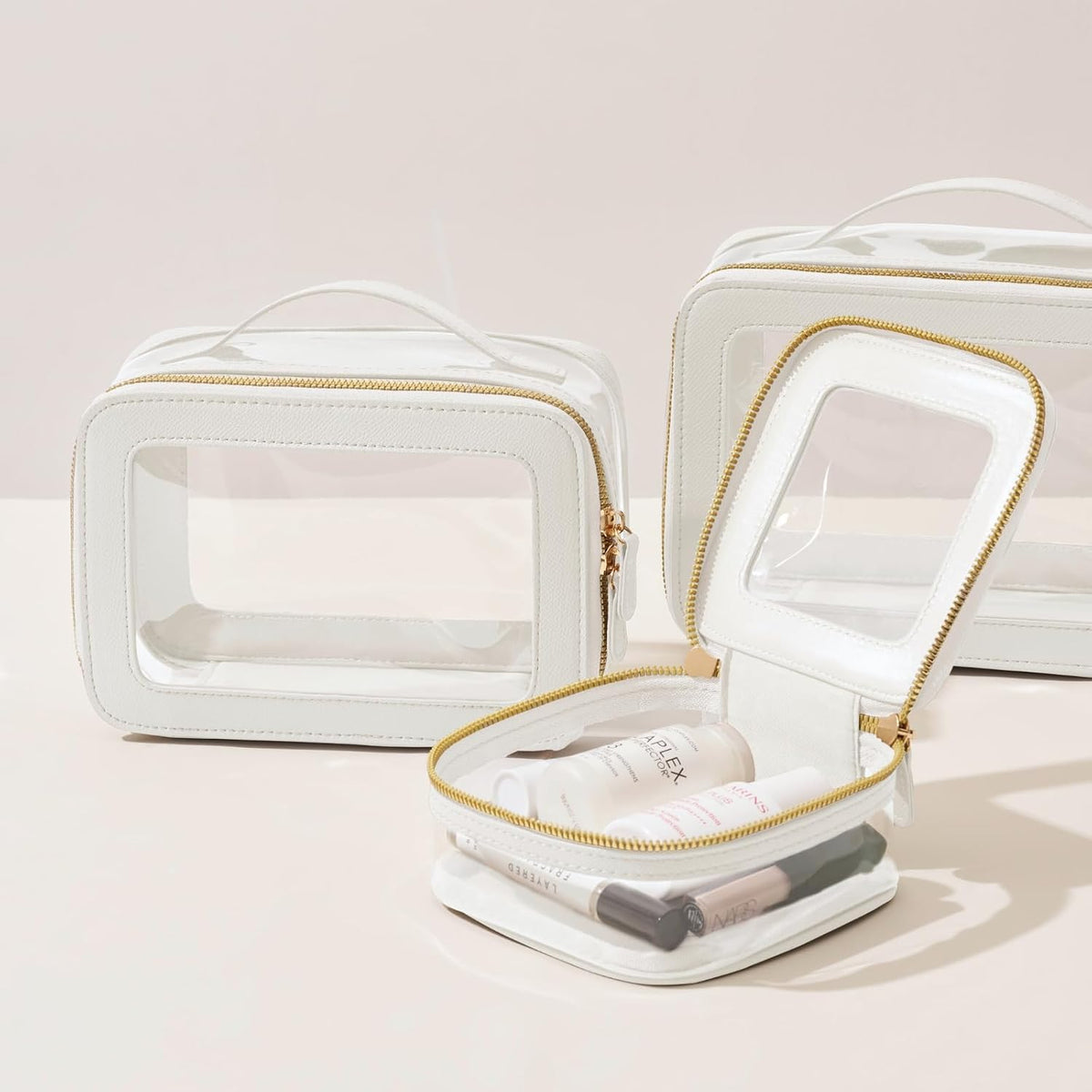 Clear Cosmetic Bag Set for Women Makeup Bag with Handle, 3 Pcs Travel Toiletry Bag Transparent Cosmetic Case Portable Make Up Organizer Bag for Essentials (Stone, Mini+S+L)