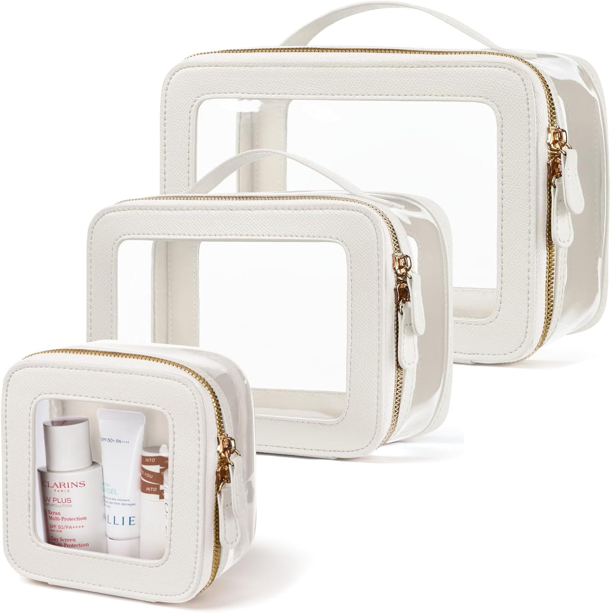 Clear Cosmetic Bag Set for Women Makeup Bag with Handle, 3 Pcs Travel Toiletry Bag Transparent Cosmetic Case Portable Make Up Organizer Bag for Essentials (Stone, Mini+S+L)