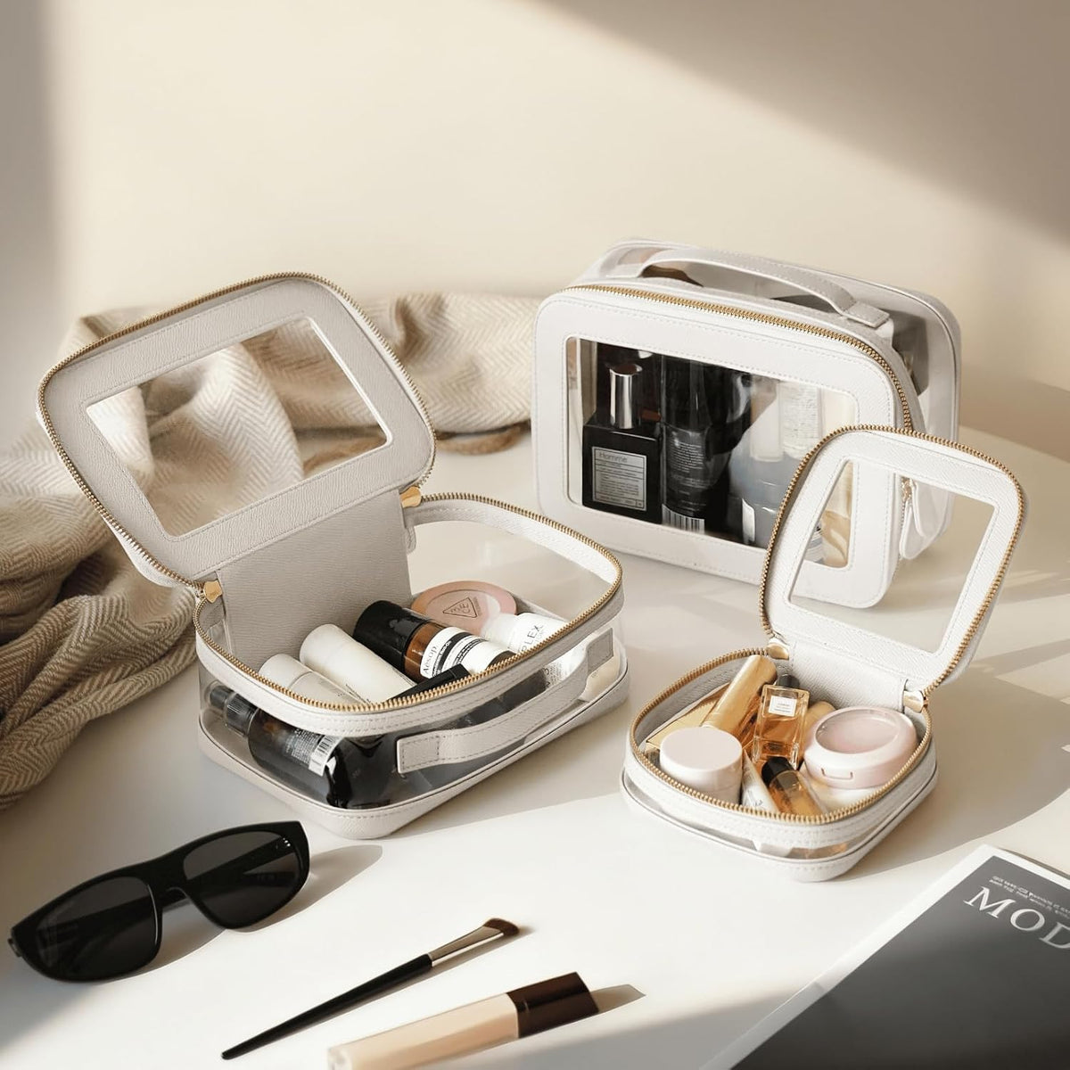 Clear Cosmetic Bag Set for Women Makeup Bag with Handle, 3 Pcs Travel Toiletry Bag Transparent Cosmetic Case Portable Make Up Organizer Bag for Essentials (Stone, Mini+S+L)