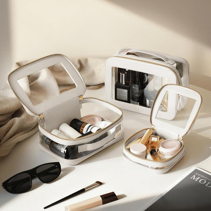 Clear Cosmetic Bag Set for Women Makeup Bag with Handle, 3 Pcs Travel Toiletry Bag Transparent Cosmetic Case Portable Make Up Organizer Bag for Essentials (Stone, Mini+S+L)