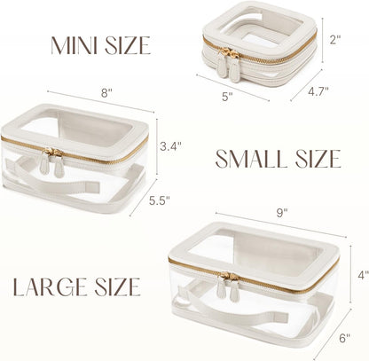 Clear Cosmetic Bag Set for Women Makeup Bag with Handle, 3 Pcs Travel Toiletry Bag Transparent Cosmetic Case Portable Make Up Organizer Bag for Essentials (Stone, Mini+S+L)
