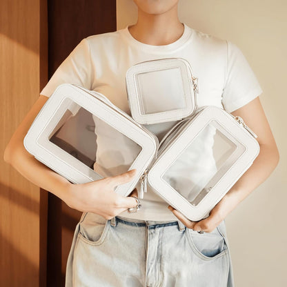 Clear Cosmetic Bag Set for Women Makeup Bag with Handle, 3 Pcs Travel Toiletry Bag Transparent Cosmetic Case Portable Make Up Organizer Bag for Essentials (Stone, Mini+S+L)