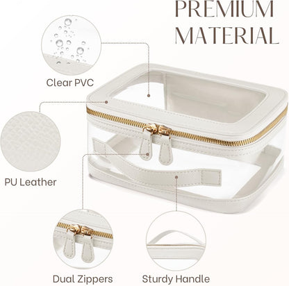 Clear Cosmetic Bag Set for Women Makeup Bag with Handle, 3 Pcs Travel Toiletry Bag Transparent Cosmetic Case Portable Make Up Organizer Bag for Essentials (Stone, Mini+S+L)