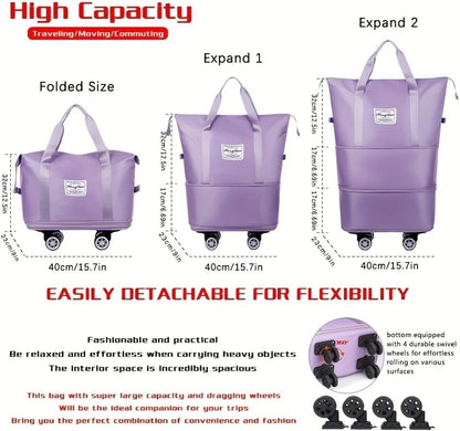 360° Spinner Wheel Duffel Bag, Violet | 3-in-1 Expandable Tote & Weekend Luggage, Detachable Strap, Large Capacity