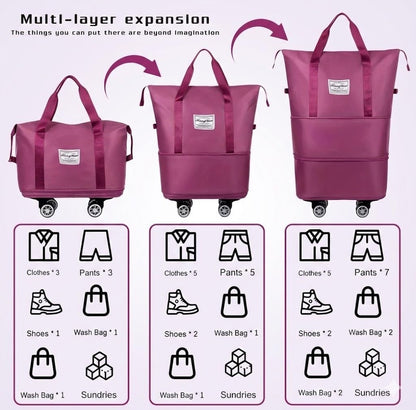 360° Spinner Wheel Duffel Bag, Violet | 3-in-1 Expandable Tote & Weekend Luggage, Detachable Strap, Large Capacity