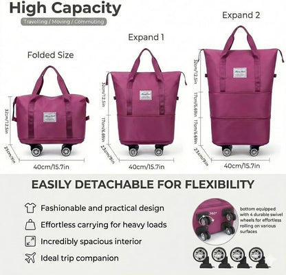 360° Spinner Wheel Duffel Bag, Violet | 3-in-1 Expandable Tote & Weekend Luggage, Detachable Strap, Large Capacity