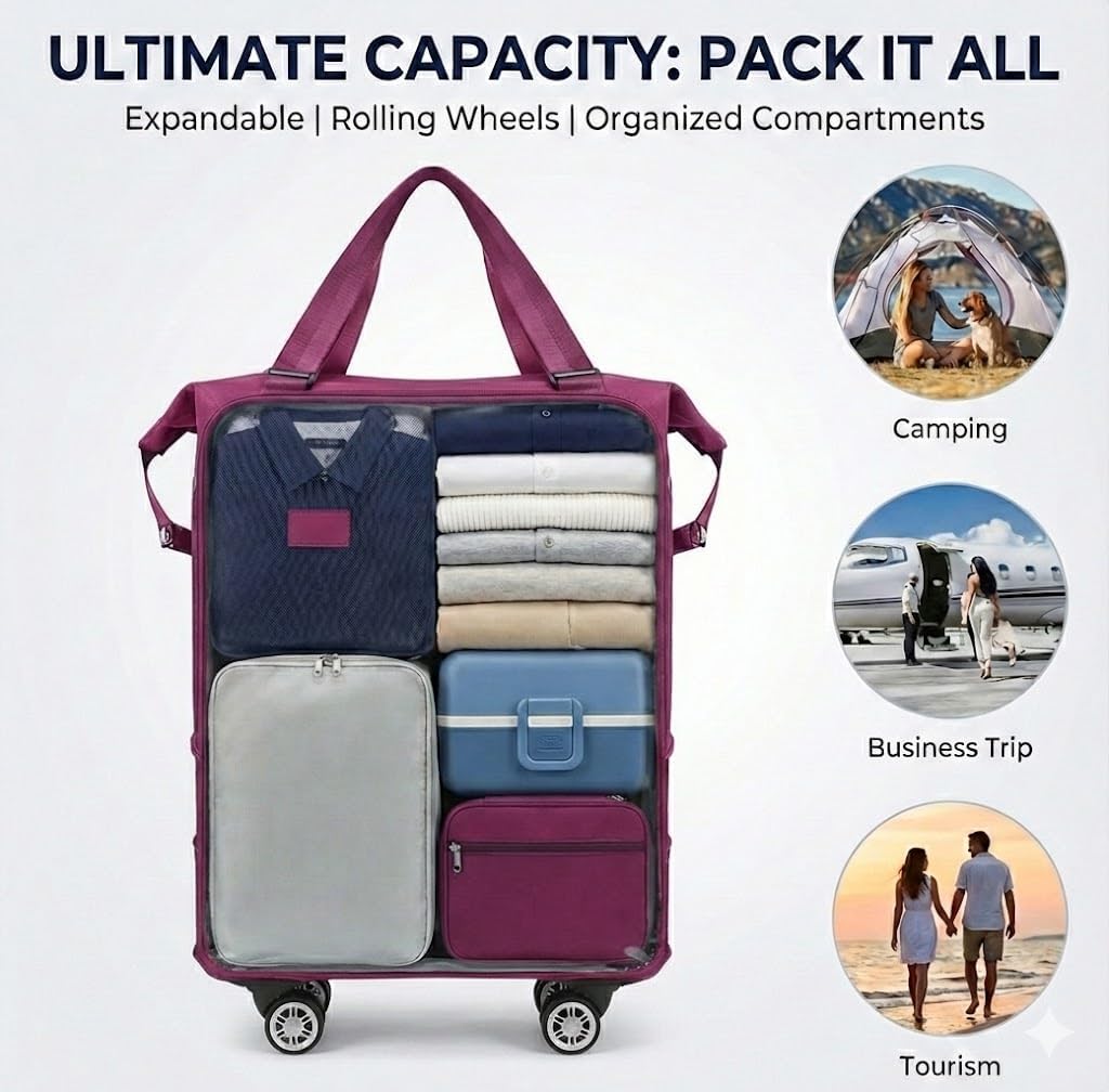 360° Spinner Wheel Duffel Bag, Violet | 3-in-1 Expandable Tote & Weekend Luggage, Detachable Strap, Large Capacity