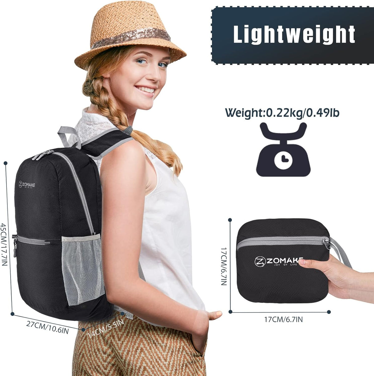 Ultra Lightweight Hiking Backpack 20L, Packable Small Backpacks Water Resistant Daypack for Women Men(Black)