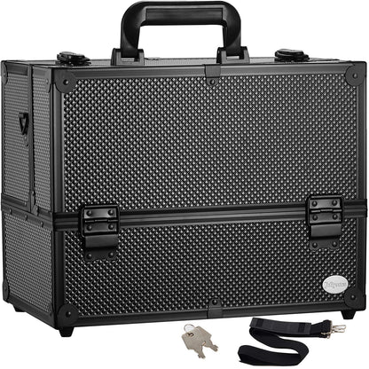 Makeup Train Case Professional Adjustable - 6 Trays Cosmetic Cases Makeup Storage Organizer Box with Lock and Compartments 14 Inch Large Black