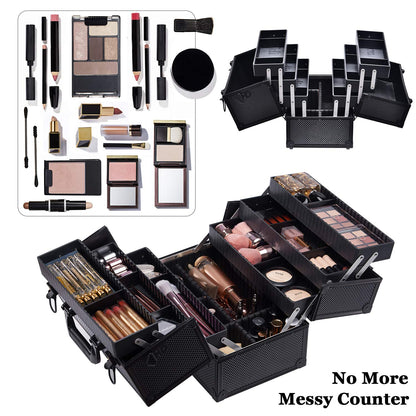 Makeup Train Case Professional Adjustable - 6 Trays Cosmetic Cases Makeup Storage Organizer Box with Lock and Compartments 14 Inch Large Black