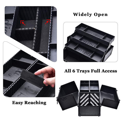 Makeup Train Case Professional Adjustable - 6 Trays Cosmetic Cases Makeup Storage Organizer Box with Lock and Compartments 14 Inch Large Black