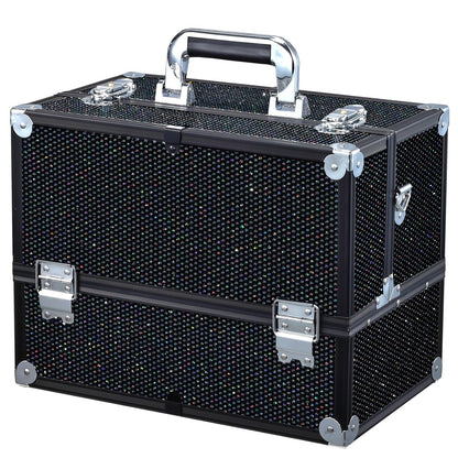 Makeup Train Case Professional Adjustable - 6 Trays Cosmetic Cases Makeup Storage Organizer Box with Lock and Compartments 14 Inch Large Black