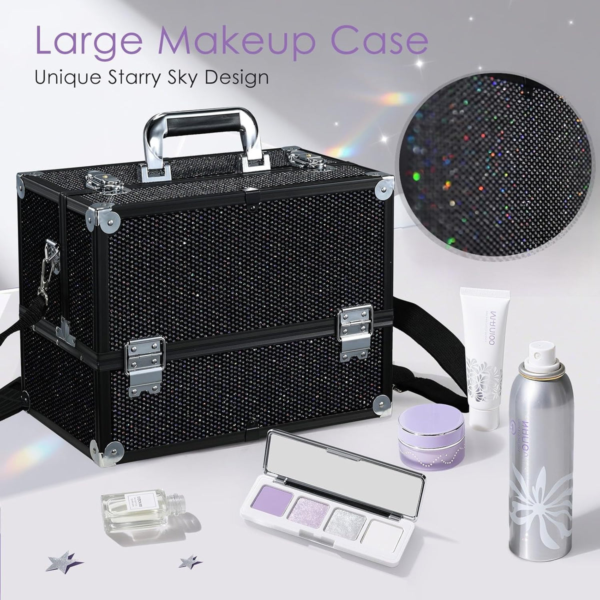 Makeup Train Case Professional Adjustable - 6 Trays Cosmetic Cases Makeup Storage Organizer Box with Lock and Compartments 14 Inch Large Black