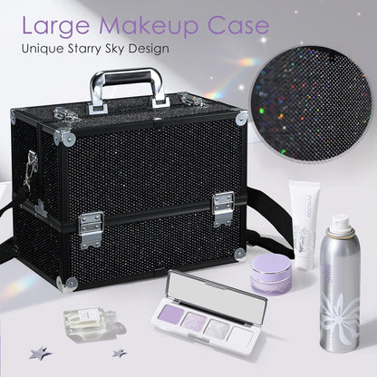 Makeup Train Case Professional Adjustable - 6 Trays Cosmetic Cases Makeup Storage Organizer Box with Lock and Compartments 14 Inch Large Black