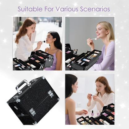 Makeup Train Case Professional Adjustable - 6 Trays Cosmetic Cases Makeup Storage Organizer Box with Lock and Compartments 14 Inch Large Black